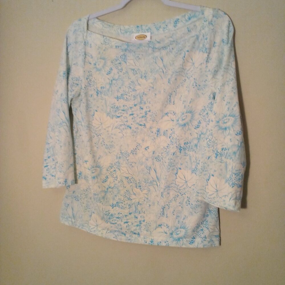 Talbots Shirt Women M 3/4 Sleeve Soft Stretch Pattern Blue White - Picture 2 of 15